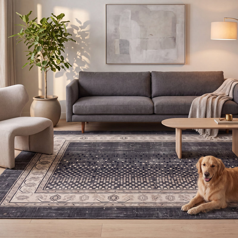 Tapis Radcliffe moderne à motif mosaïque mouchetée abstraite gris et noir, lavable à la machine, antidérapant, à poils courts, pour l'intérieur et l'extérieur, adapté aux animaux domestiques, idéal pour le salon, la chambre, la salle à manger, l'entrée, le corridor ou le bureau.