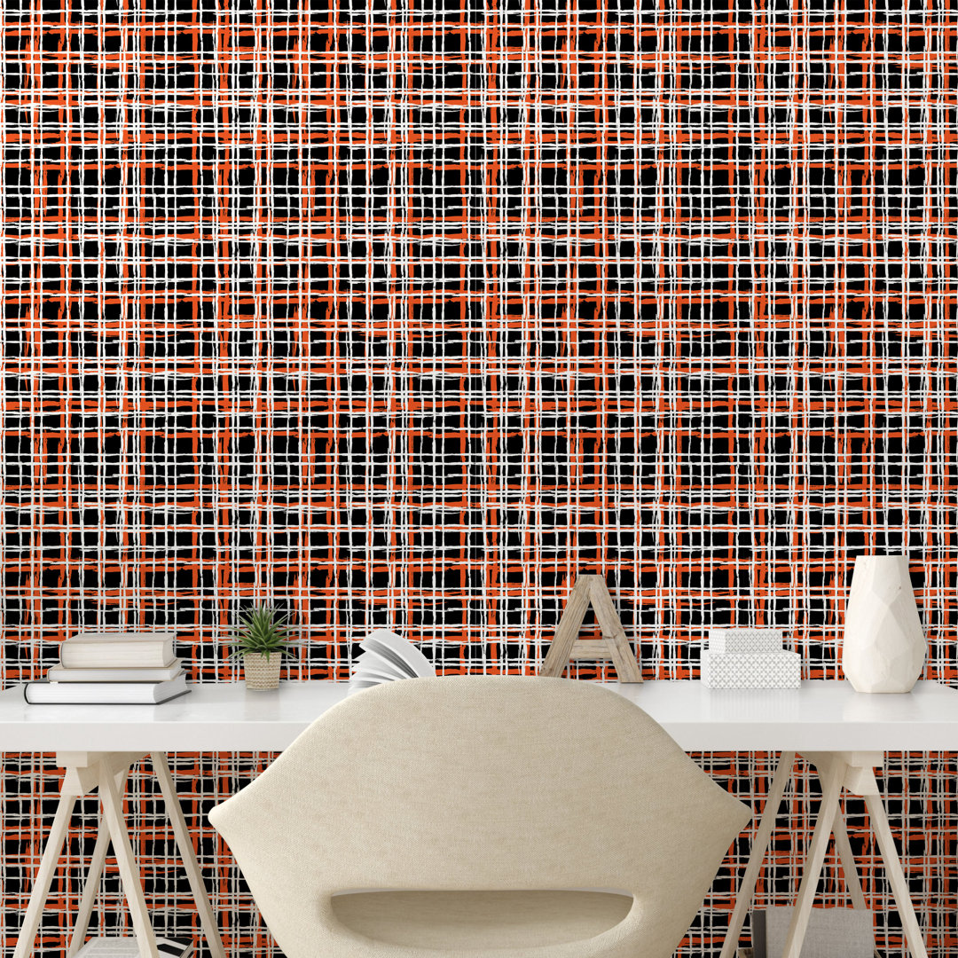 Abzieh- und Klebetapete, Vintage gestreifte Grid Kunst, Retro, Schwarz Orange Weiss