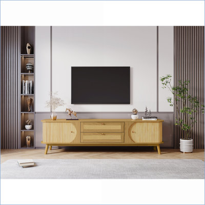 Meuble télé pour téléviseur de 75 pouces, console multimédia de style campagne moderne avec rangement en rotin et amp; Pieds en bois massif | Bois massif et panneau de fibres à densité moyenne | Espace de vie principal