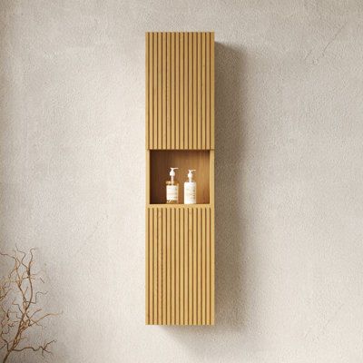 Bathroom Wall Cabinet In Oak - 59" Tall Narrow With Doors And Shelves For Laundry Room Mounted Efficient Storage