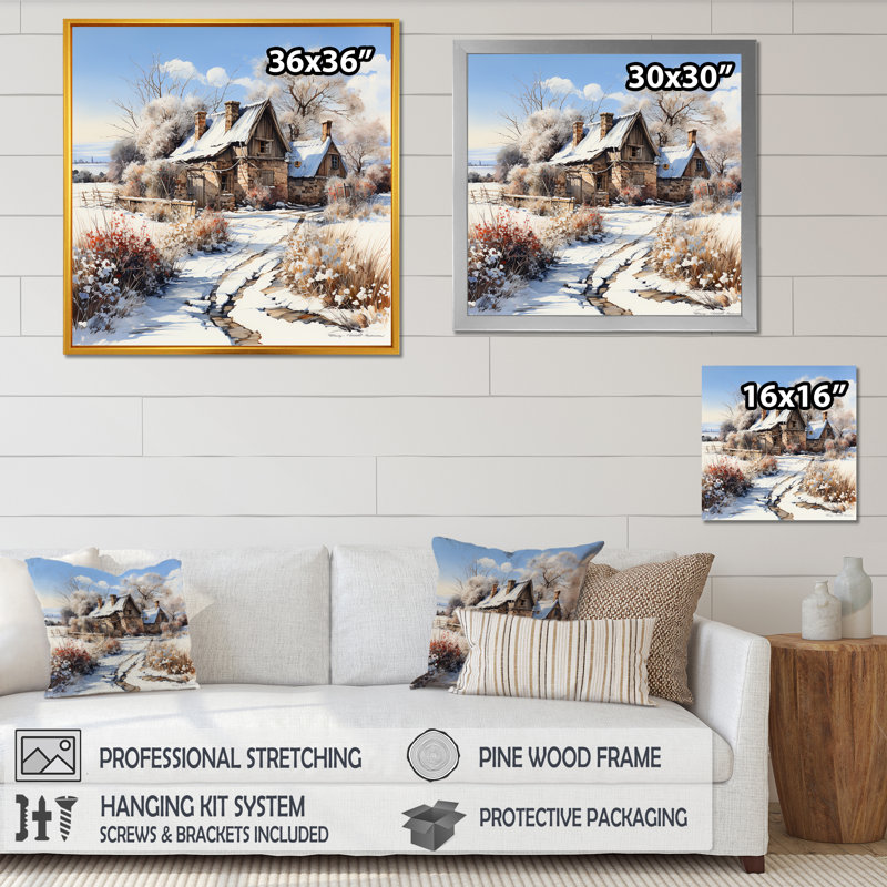 «Barn Charm In Winter I», reproduction sur toile_106674, Cadre flottant doré, H 16 po x l 16 po x P 1 po