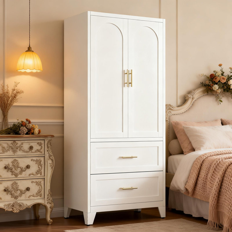 71? White Metal Wardrobe Cabinet With Drawers, White 
