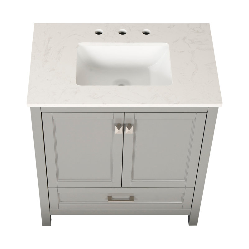 30-Inch Freestanding Bathroom Vanity With Carrara Engineered Marble Top And Under-Mounted Ceramic Sink, Large Storage, Soft-Close Door, Solid Wood Frame In Grey