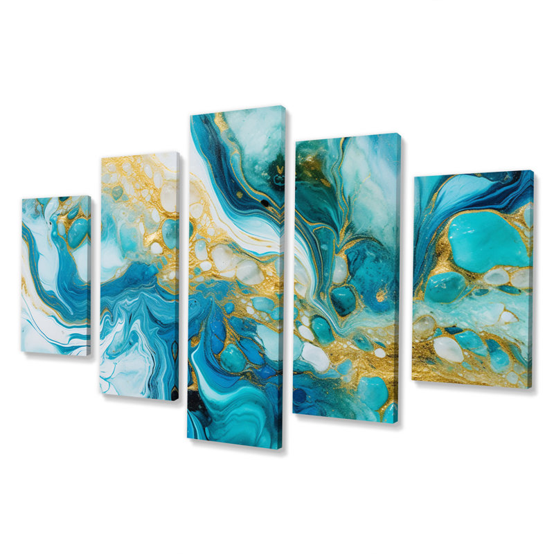 Turquoise luxueux abstrait fluide Art XX - décoration murale abstraite - 5 panneaux