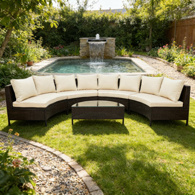 5-Piece Half-Moon PE Rattan Wicker Patio Sectional Sofa Set With Tempered Glass Table, All-Weather Outdoor Furniture