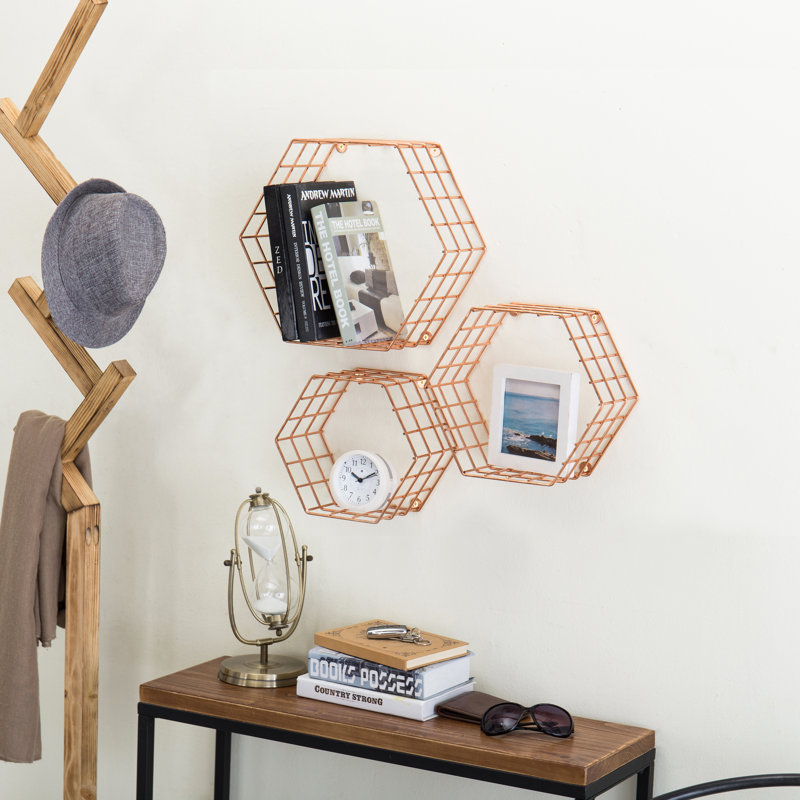 Mthimunye 3 Piece Hexagon Metal Floating Shelf, Copper