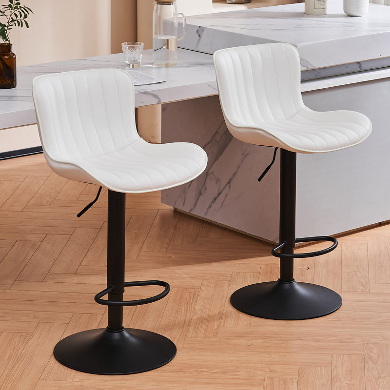 Denan Swivel Adjustable Height Bar Stools, Faux Leather Modern Barstools, Upholstered Counter Stool, White, 2
