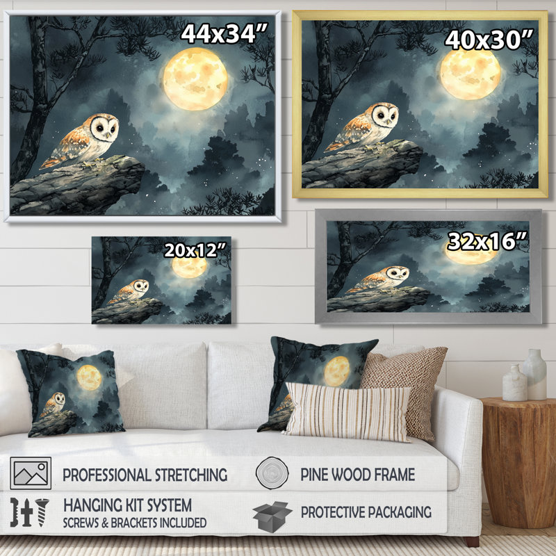 Chouette brumeuse au clair de lune - art mural grand hibou, H 30 po x l 40 po, Cadre simple, Noir