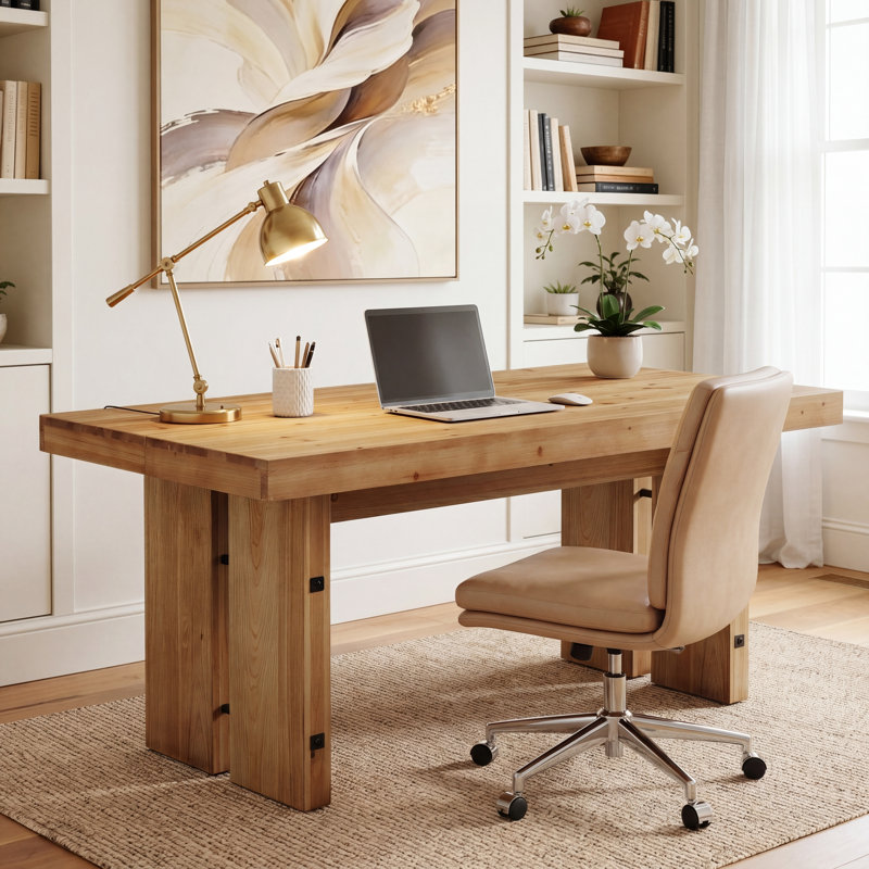 63" Farmhouse Solid Wood Executive Desk, Large Computer Writing Desk Workstation for Home Office, Light Brown