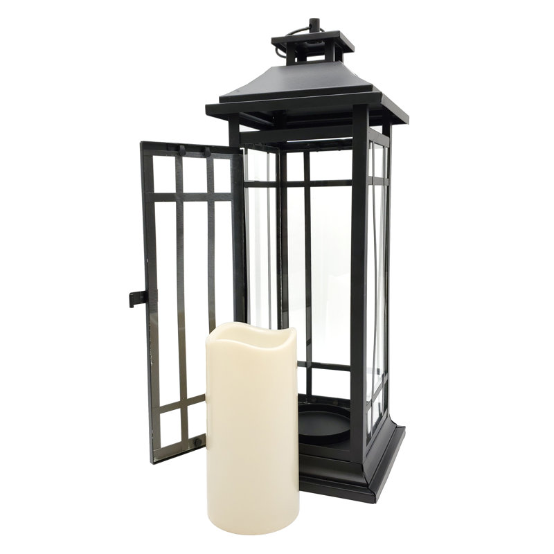 Battery Operated Black Window Metal Lantern with LED Candle, 17" H x 5" W x 5" D