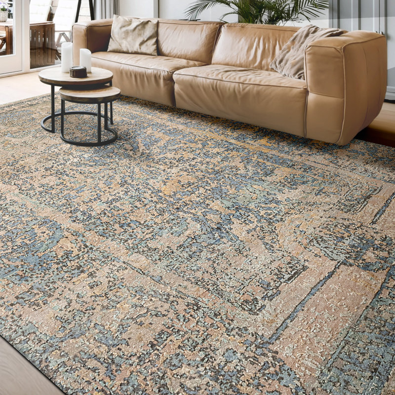 Tapis beige et bleu clair noué à la main de haute qualité, Rectangle de 5 pi x 8 pi