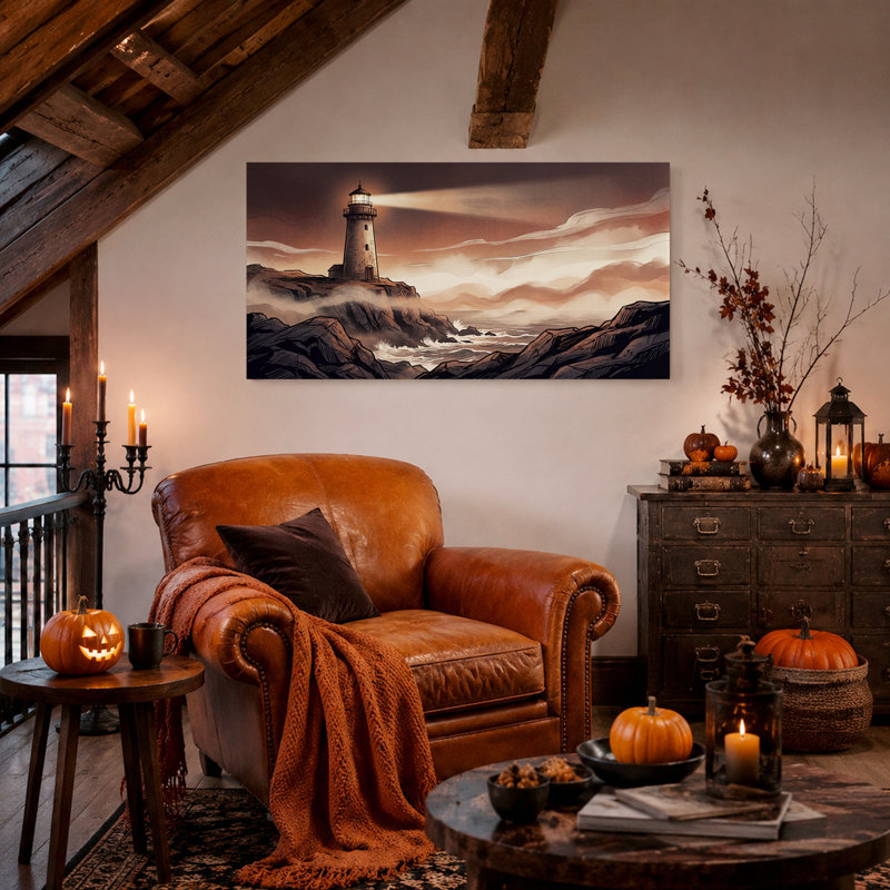 Tableau sur toile d'Halloween représentant un phare brillant sur la côte rocheuse, L 32 po x H 16 po