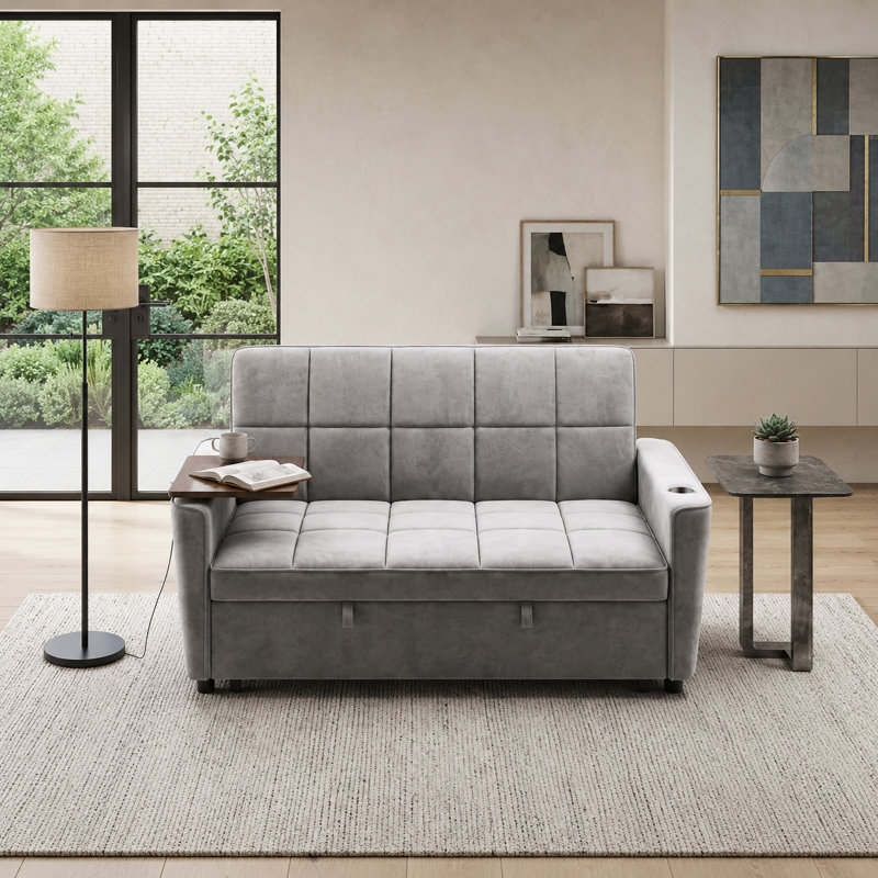 46'' Folding Pull Out Sleeper Sofa,Small Convertible Sofa Bed with Side Table & Side USB Port, Light Gray