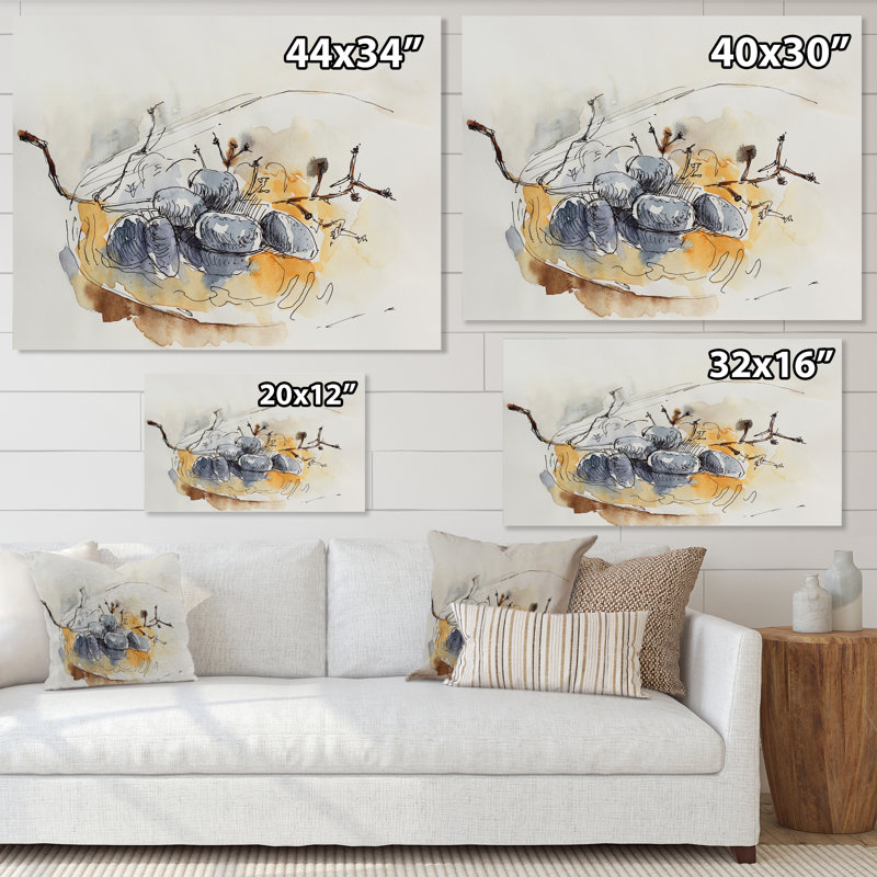 Raisins bleu foncé sur une plaque orange - peinture sur toile, Toile tendue, H 34 po x l 44 po