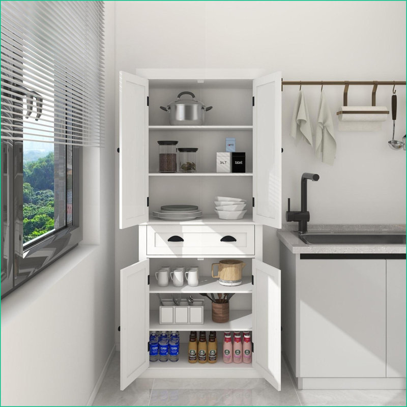 Armoire de rangement pour garde-manger 71 po avec 4 portes, tiroir et 2 tablettes réglables Cabinets, autoportante pour salle à manger / salon / salle de lavage, blanc neige | Moderne | Panneau de fibres à densité moyenne