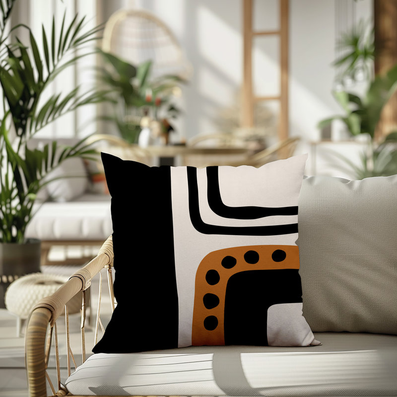 Oreiller carré réversible intérieur / extérieur Tobe Minimalist, H 15 po x l 15 po, Orange brûlé / noir / blanc cassé
