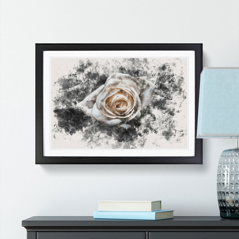 A White Rose Watercolour - Single Picture Frame Print on MDF, 36cm H x 48cm W x 2cm D, Black Framed