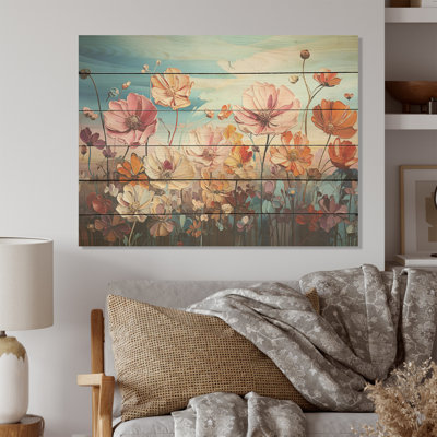 Art de la spatule rose et blanche Zinnias - Art mural en bois champ de fleurs sur bois de pin naturel