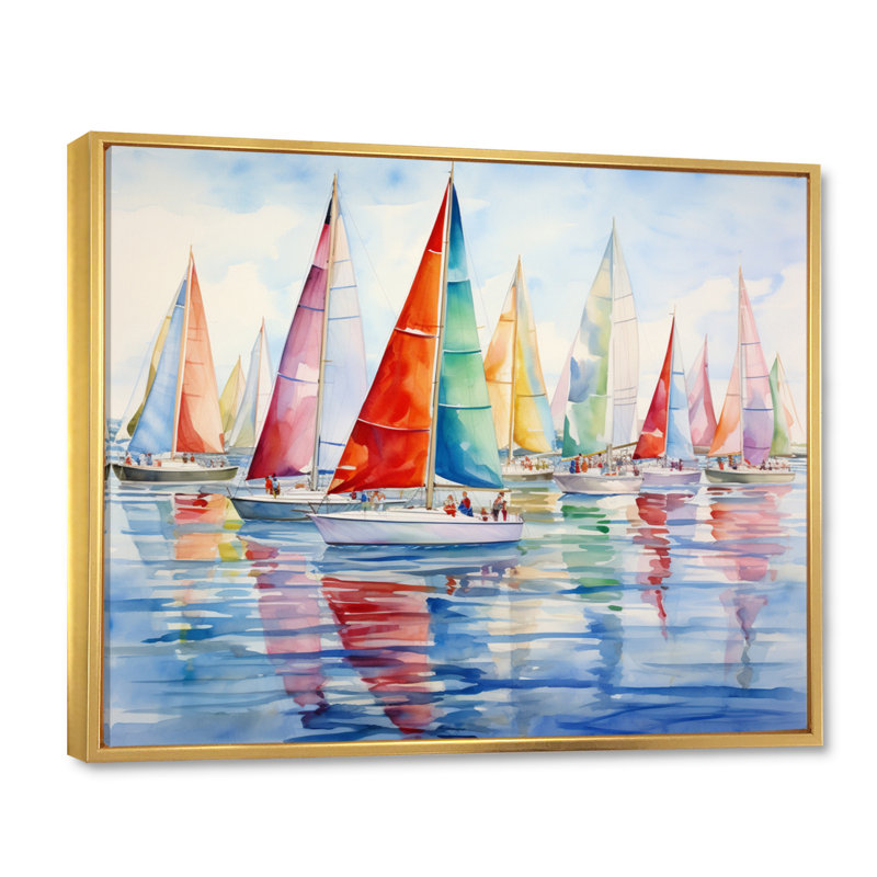 «Miminimlaism Watercolor Regatta III - Bateau à voile, art mural», H 12 po x l 20 po x P 1 po, Cadre flottant doré