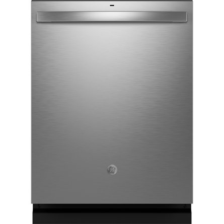 Lave-vaisselle encastrable GE en acier inoxydable avec poignée horizontale supérieure et coup-de-pied noir au bas.