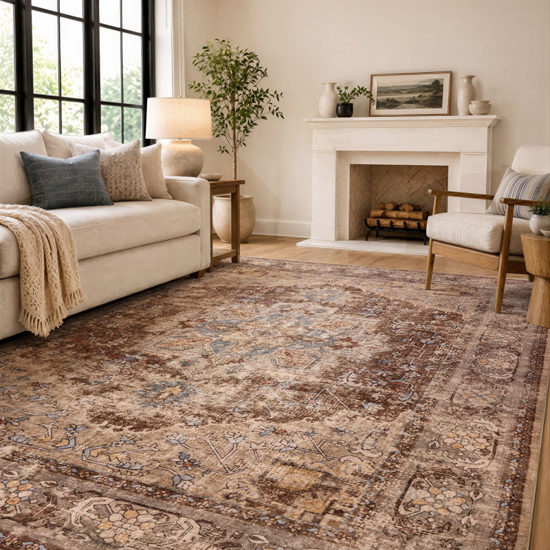 Tapis brun châtaignier traditionnel antidérapant lavable à la machine, 5 pi x 7 pi