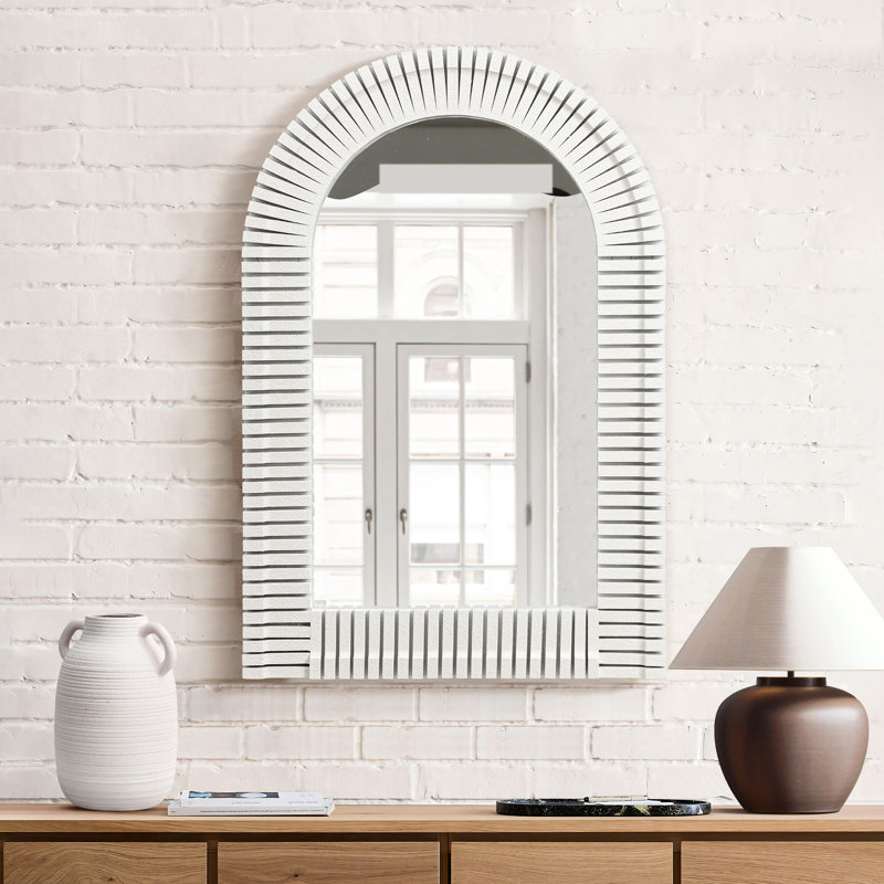 35.9'' H White Arch Rectangular Wall Mirror, Striped Frame Accent Vanity Mirror