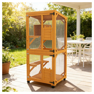 Large Outdoor Cat House with Multi-Level Platforms, Steel and Wood Pet Shelter in Green and Orange