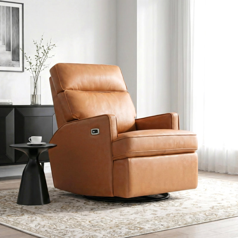 Fauteuil inclinable électrique pivotant en cuir véritable de 29,9 po de largeur Joris, Tanné
