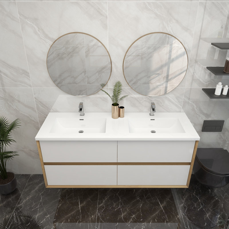 60'' Double Bathroom Vanity with Acrylic Top, Glossy White