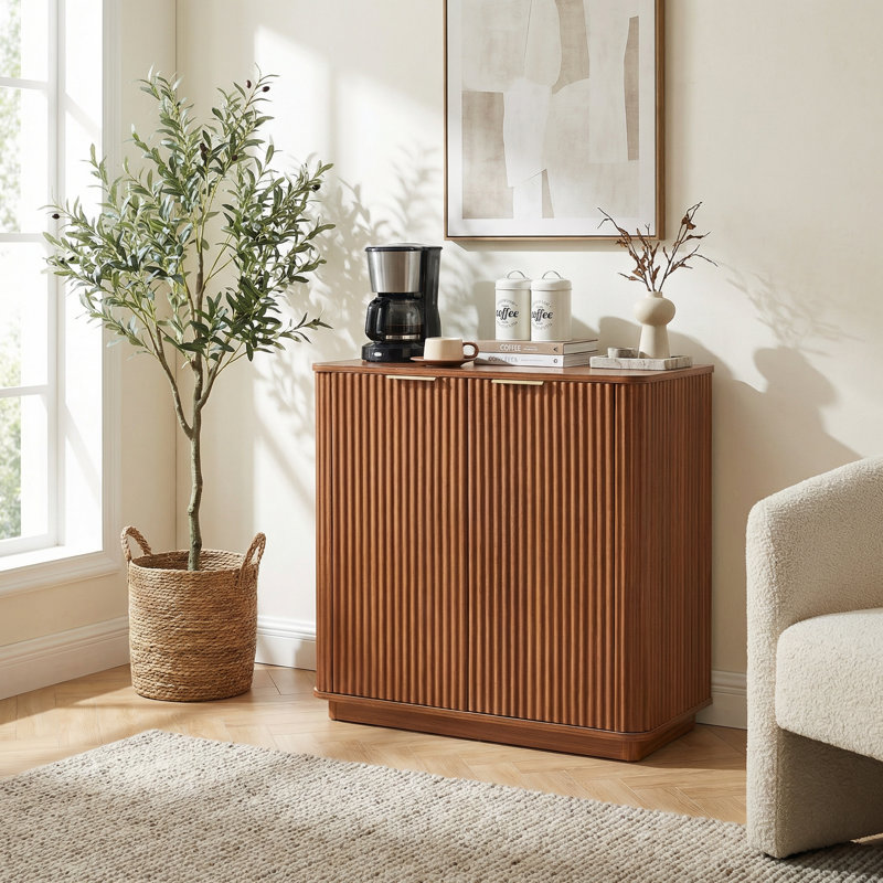 Armoire de rangement moderne à conception ondulée courbée avec tablette réglable pour le salon, la chambre à coucher ou le couloir, finition noyer, largeur de 31,5 pouces