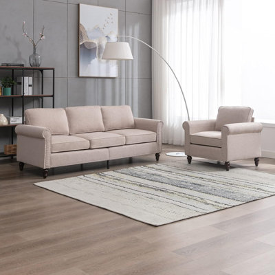 Ensemble de canapé modulaire 2 pièces, petit canapé en lin avec structure en bois, mobilier de salon moderne, beige