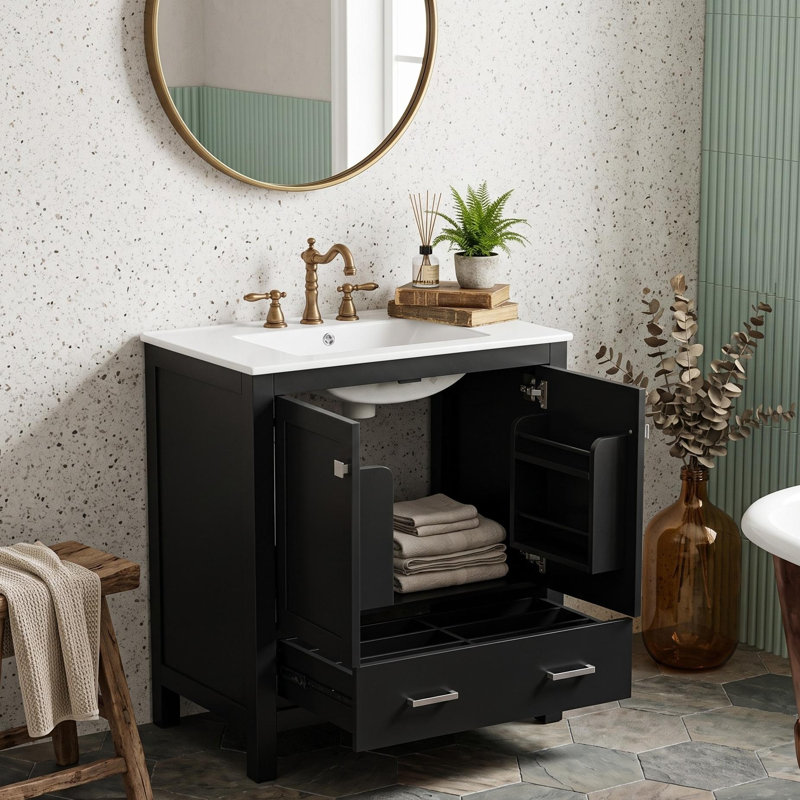 Armoire de salle de bain autoportante verte avec plateau en céramique, organisateur de porte et tiroir de séparation, Noir