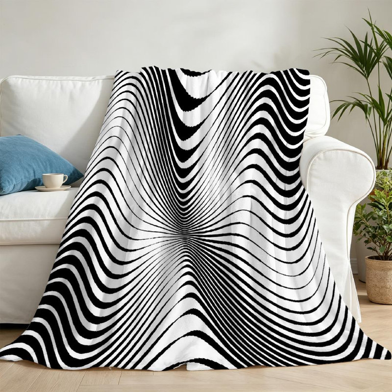 Jeté en molleton blanc ultra doux en flanelle à motif abstrait avec lignes ondulées, Jeté 50 po x 60 po