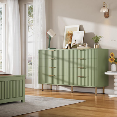 Modern Fluted 8 Drawer Dresser - 54'' Wide Wooden Chest with Deep Storage - Double Dresser TV Stand for Bedroom, Living Room, Hallway, Kids Room - Matt Gray-Green