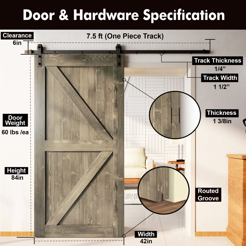 Arrow Design Color Solid Pine Wood Unassembled Door with Black Rustic Installation Hardware Kit, Classic Gray, 42" x 84"