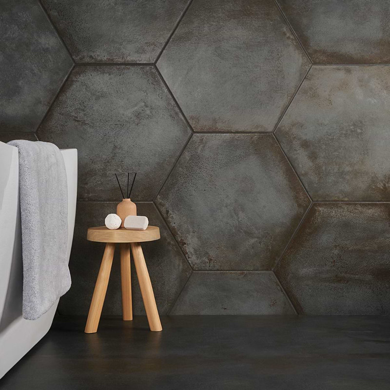 Angela Harris Flatiron 20" Large Hexagon Matte Porcelain Tile, Graphite