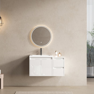 Meuble-lavabo 36 po avec lavabo en résine, charnières en acier inoxydable à fermeture douce, 2 portes, 1 armoire latérale, blanc brillant