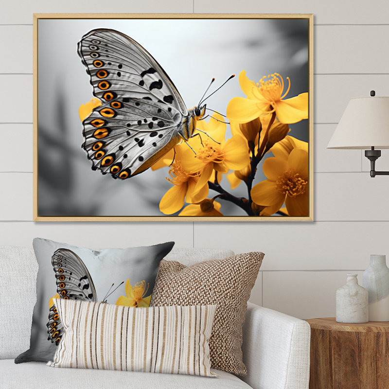 Papillon jaune et jaune Haven II - art mural papillon, Toile tendue, H 12 po x l 20 po x P 1 po