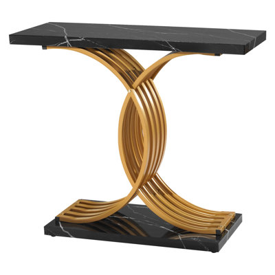 39 in Gold Console Table, Modern Desk Behind the Couch, Wood Rectangle Entrance Desk, Narrow Long Sofa Table Accent Stand with Metal Legs for Hallway, Bedroom, Living Room, Foyer, Easy Assembly