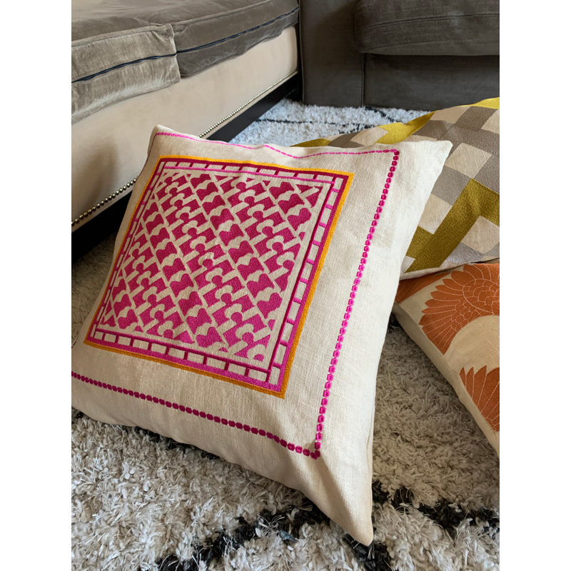Montecito Pink and Beige Embroidered Square Pillow