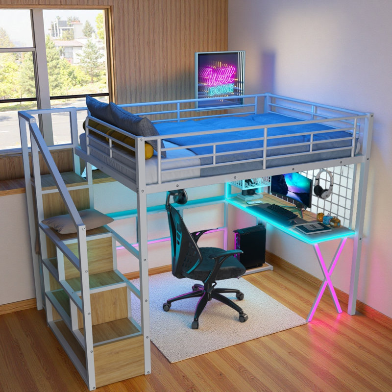 Lit mezzanine en métal 3-en-1 à DEL multifonctionnel avec poste de travail intégré et escalier de rangement intelligent