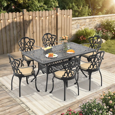 7-Piece 58.27" L Rectangle Patio Dining Set with Umbrella Hole, 6 Armchairs with Beige Cushions