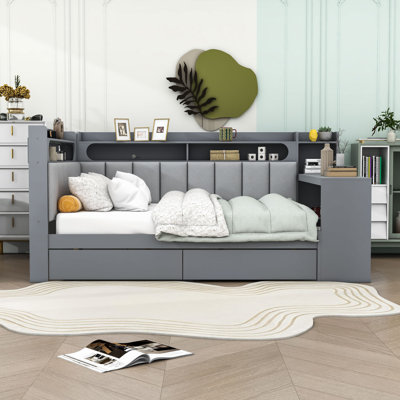 Full Daybed with Shelves,Drawers,LED Light and Desk