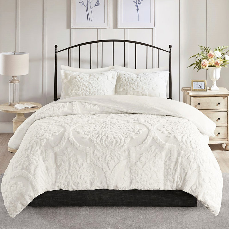 Housse de couette en coton 3 pièces pour lit double / grand, avec attaches de fixation et lit double / grand bouton