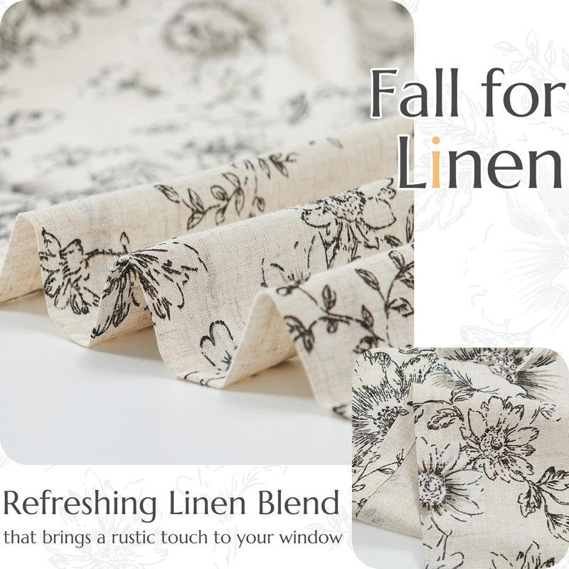 Floral Linen Tie Up Shade Valance, Black, 42" W x 45" L