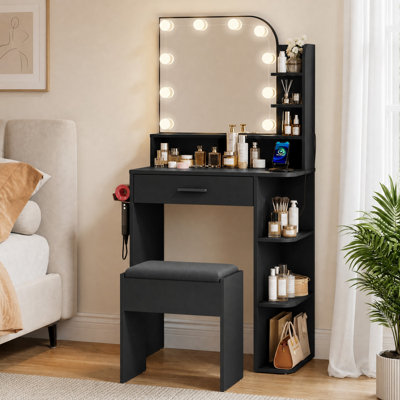 Jaseria Makeup Vanity Set with LED Lighted Mirror & Power Outlet for Bedroom