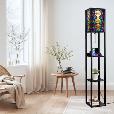 Dimmable LED Standing Floor Lamp Stained Glass Print Colorful Window Art, MDF Frame Floor Lamp with Remote Control, 3 Color Light, for Living Room Bedroom