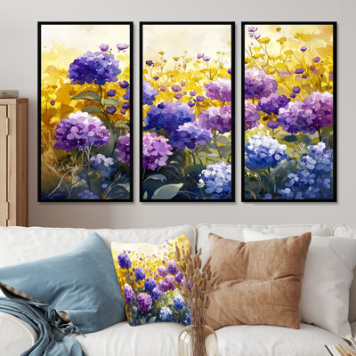 Fleurs d'hortensia d'été dans la prairie I - ensemble de 3 hortensias muraux