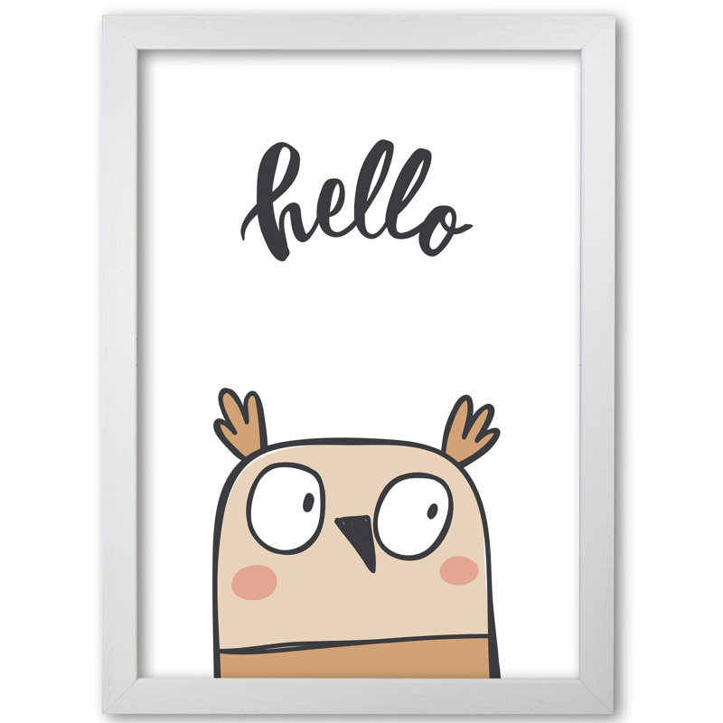 Hello Owl - Painting, 85 cm H x 60 cm W x 5 cm D, White Grain Frame