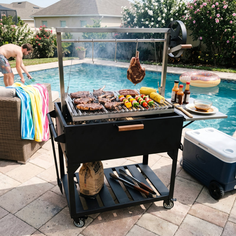 Authentique gril Santa Maria avec grille réglable, tablette latérale et roues verrouillables pour la cuisson au barbecue en plein air